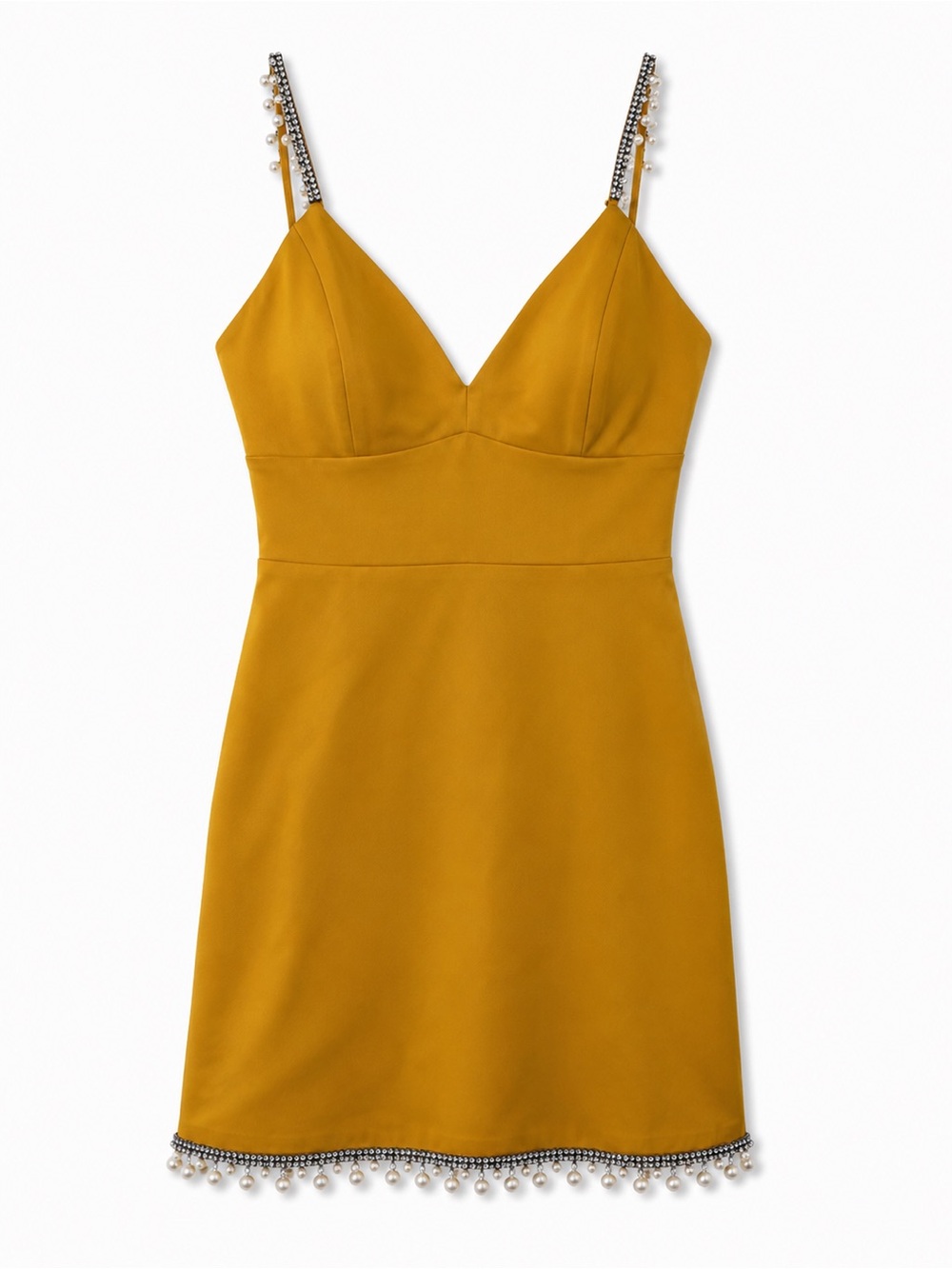 Pearl-Trim Mustard Slip Mini Dress